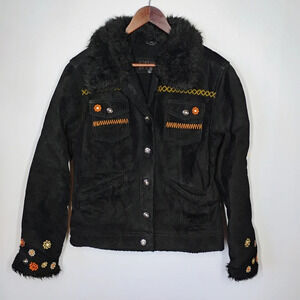 Vintage Steve Madden Y2K Suede Leather Faux Fur Sherpa Embroidered Jacket Large
